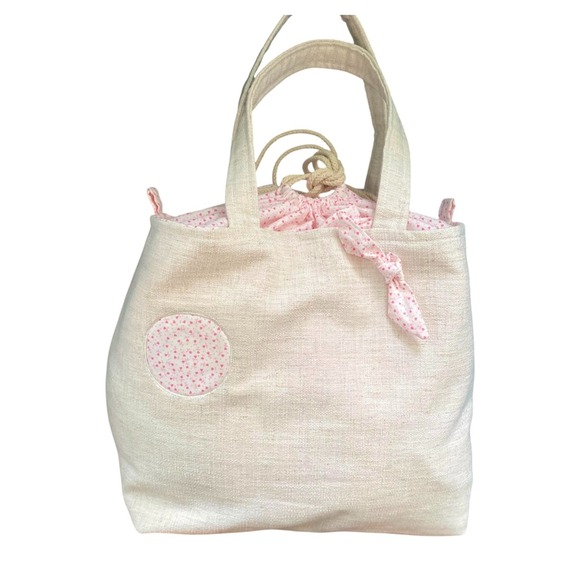 Handmade Linen Tote Bag Pink Floral Heart Drawstring Cottagecore Beige Large - Picture 10 of 10